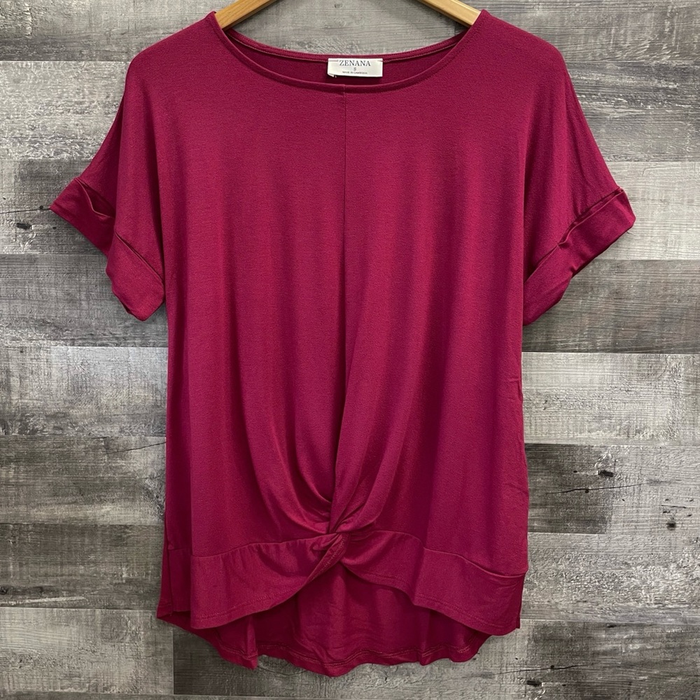 New Wine Cuffed Short Sleeve Tee Shirt Knot Front Top Hi-Low Classy & Gorgeous!